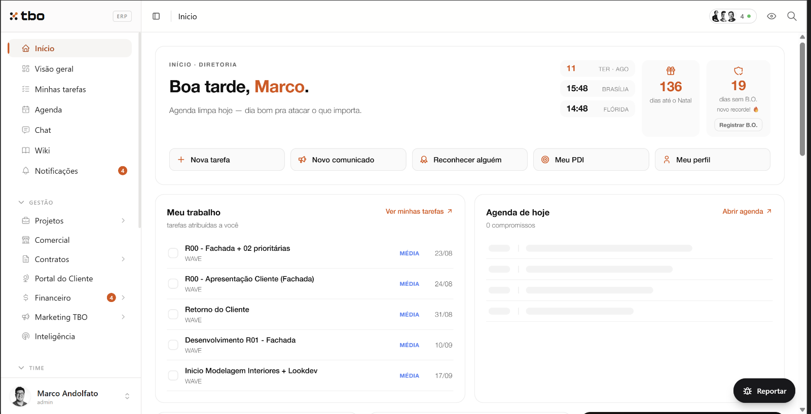 TBO ERP — tela de início com tarefas e agenda